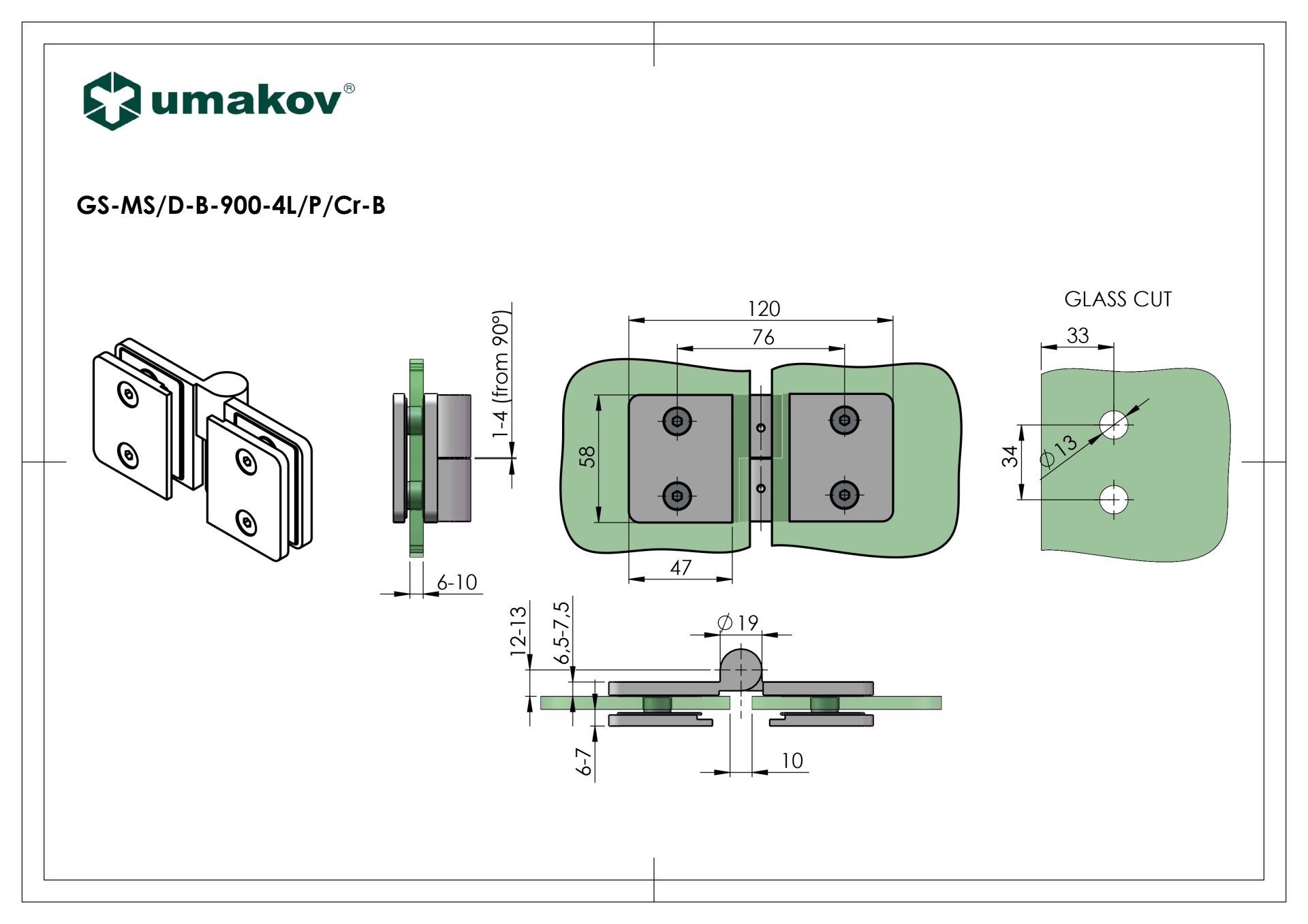 Glastuerband Messing Glanz fuer Dusche - 6-10 mm Glas - mit Glasbohrung-89-11GSMSDB9004LPCRB-A.4