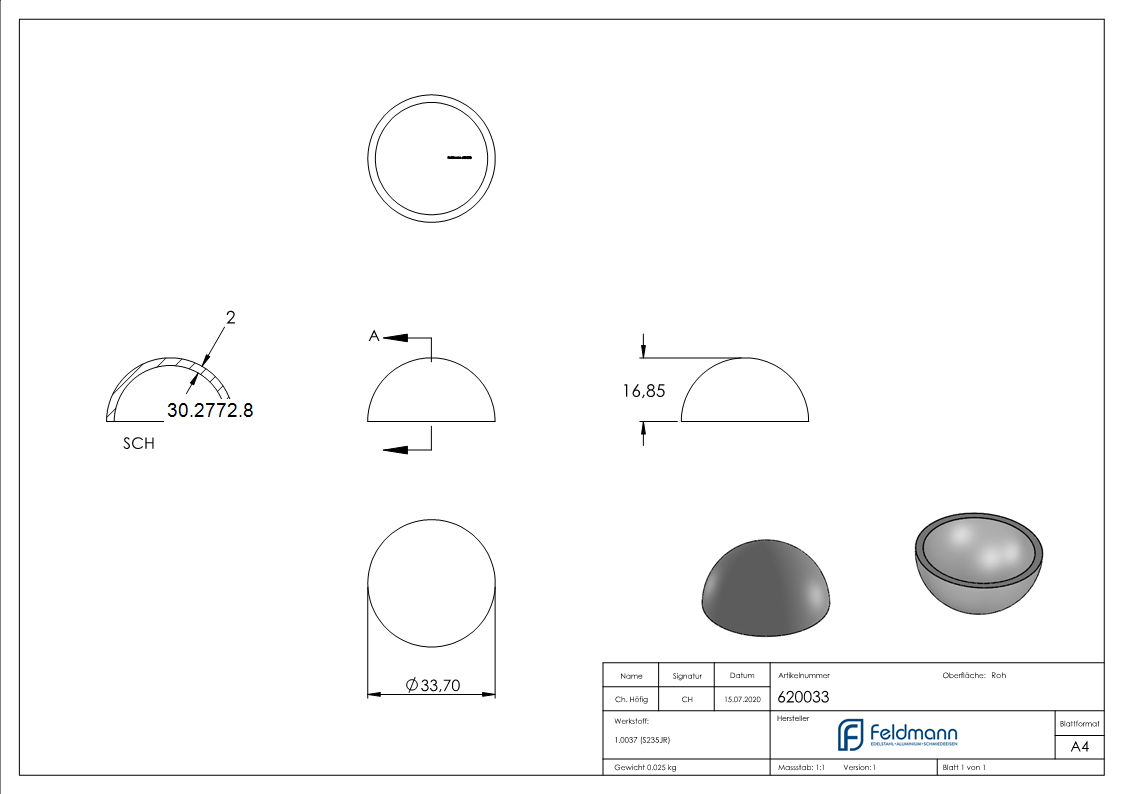 Halbhohlkugel Ø 33 mm - glatt - Stahl S235JR- roh-30-2772.8