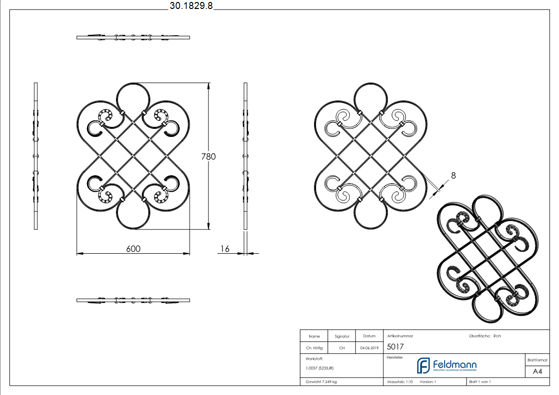 Mittelelement - Schwerbarock - Masse- 600x780 mm - Material- 16x8 mm- gerillt - Stahl S235JR- roh-30-1829.8
