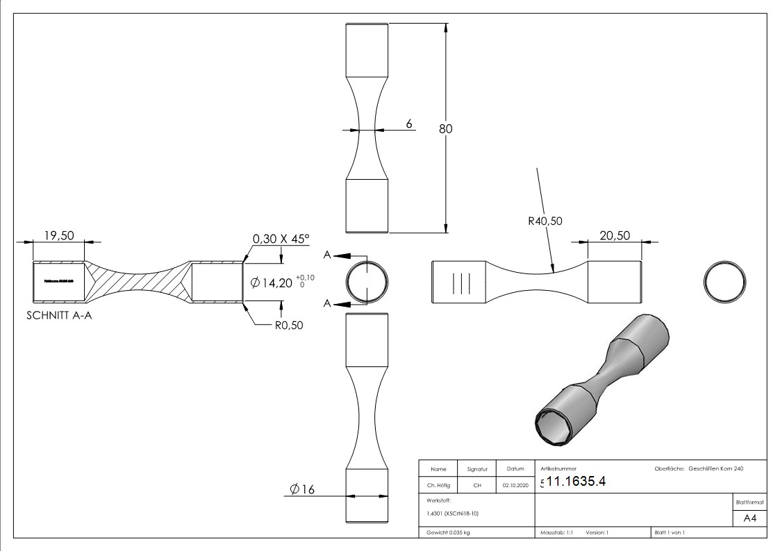 Rundstabverbinder V2A fuer Ø 14 mm Rundstab L 80 mm Ø 16 mm zum Biegen-11-1635.4