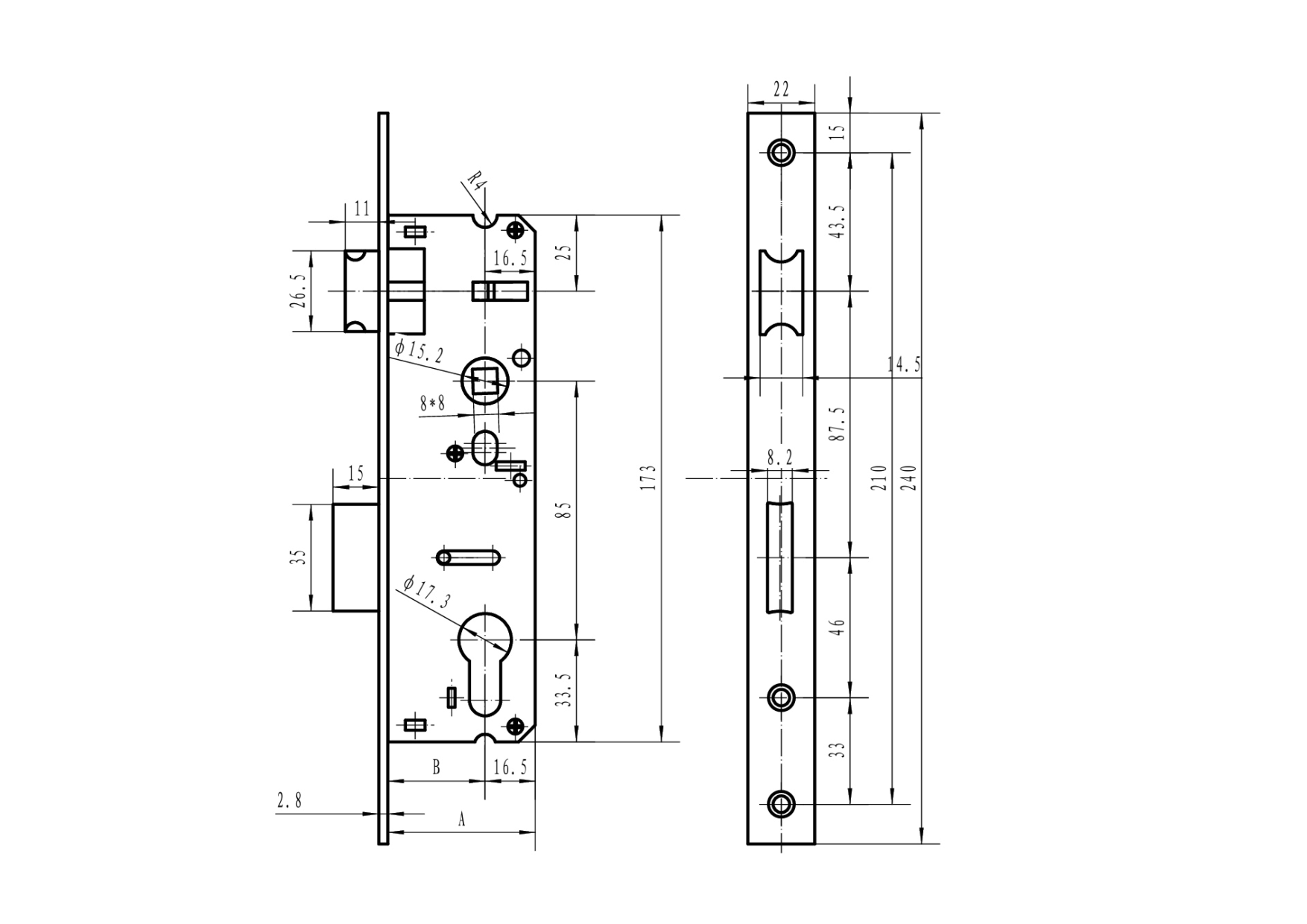 Einsteckschloss Edelstahl fuer JP-Profil 40x40mm- 85 mm Axialabstand- verzinkt-89-11B83020X85B-A.4