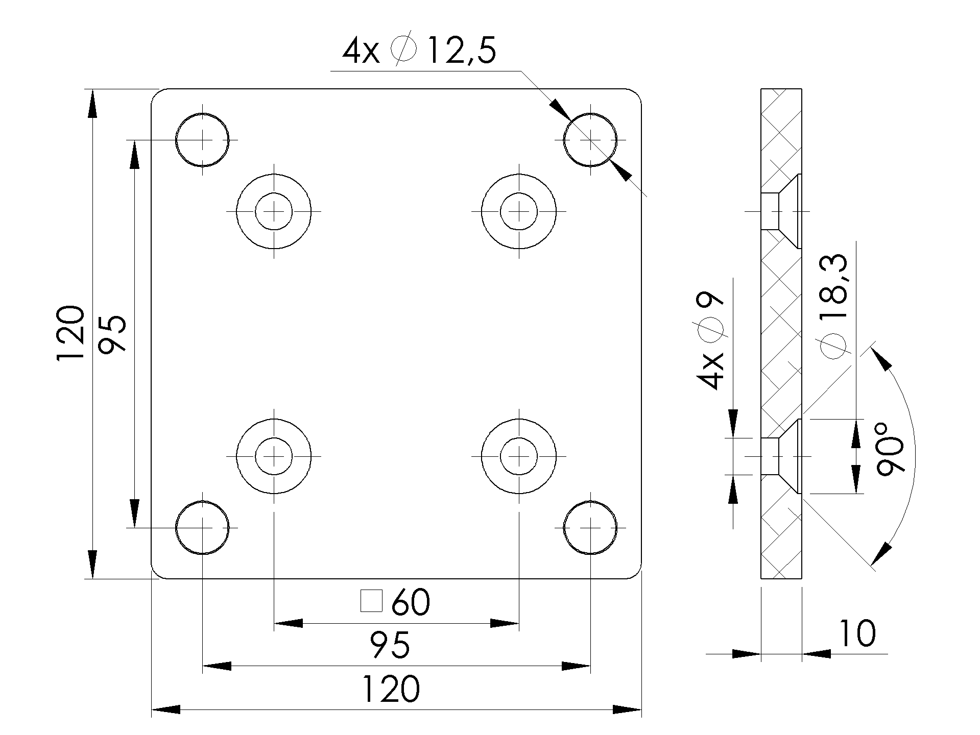 Ankerplatte Aluminium 120x120x10 mm fuer Pfosten 70x70 Anthrazit RAL 7016-89.FGBP120X120X10R7016