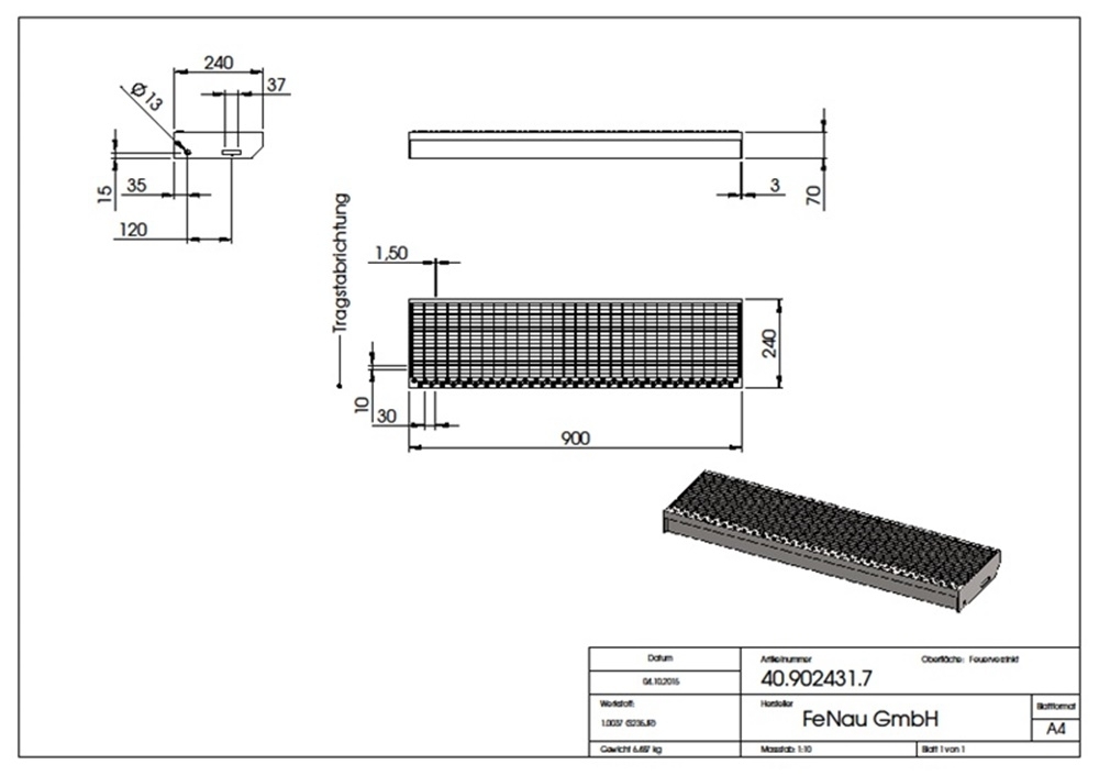 Gitterroststufe Treppenstufe Masse- 900x240 mm 30-10 mm S235JR -St37-2- im Vollbad feuerverzinkt-40-902431.7