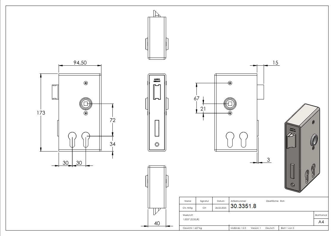 Kastenschloss Stahl verzinkt 40mm fuer zwei Profilzylinder-30-3351.8