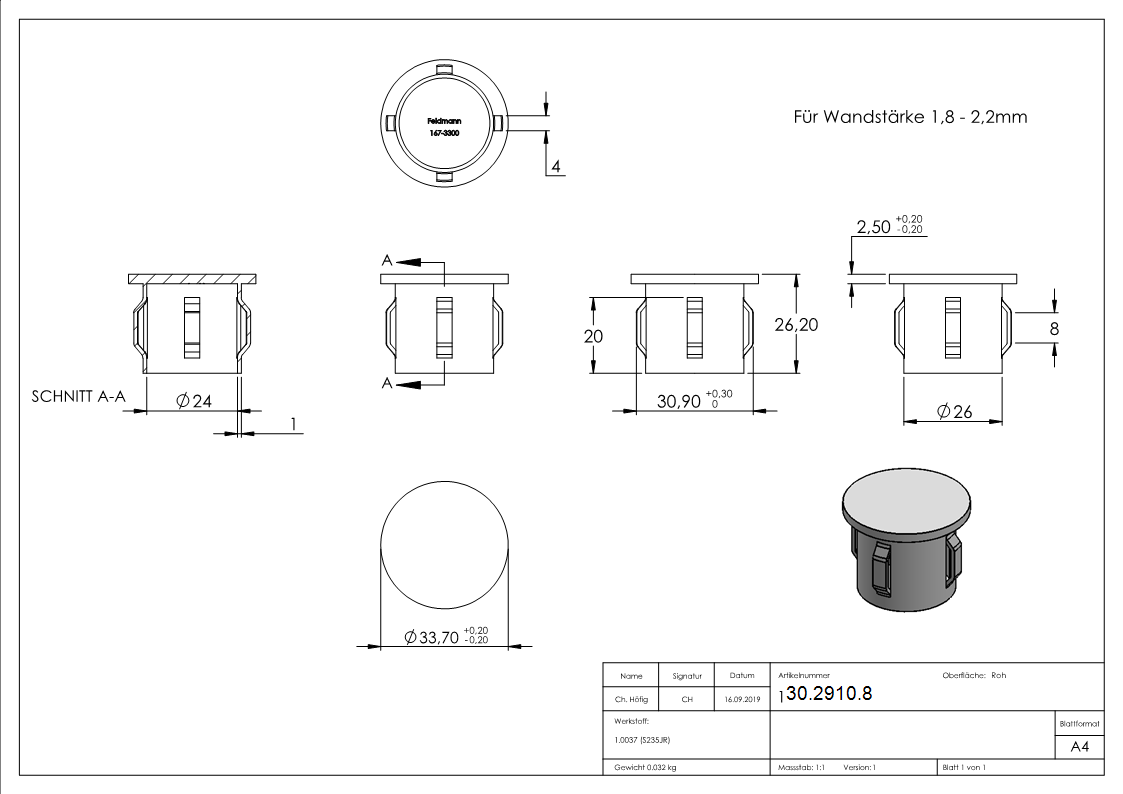 Stahlstopfen flach - fuer Rundrohr Ø 33-7x1-8-2-2 mm - Stahl S235JR- roh-30-2910.8