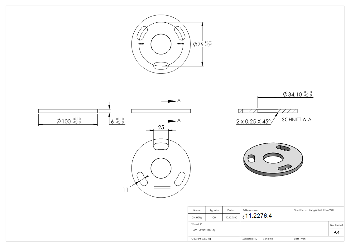 Ankerplatte Masse- Ø 100x6 mm Mittelbohrung- Ø 34 mm V2A-11-2276.4