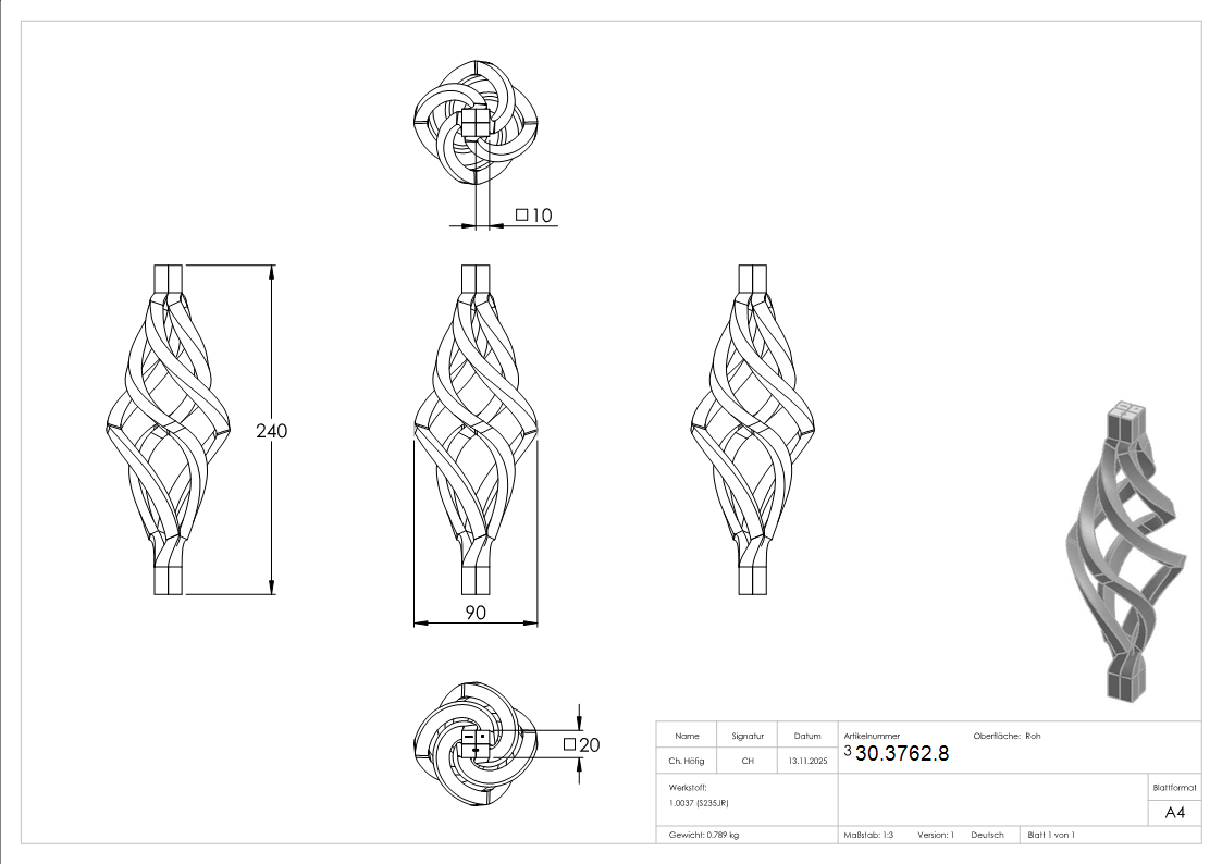 Zirbel - Masse- 240x90 mm - Material- 10x10 mm - Stahl -Roh- S235JR-30-3762.8
