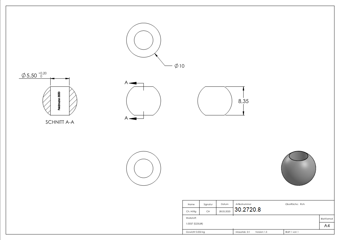 Annietkugel - Ø 10 mm Kopf - Ø 4 mm Bohrung - Stahl S235JR- roh-30-2720.8
