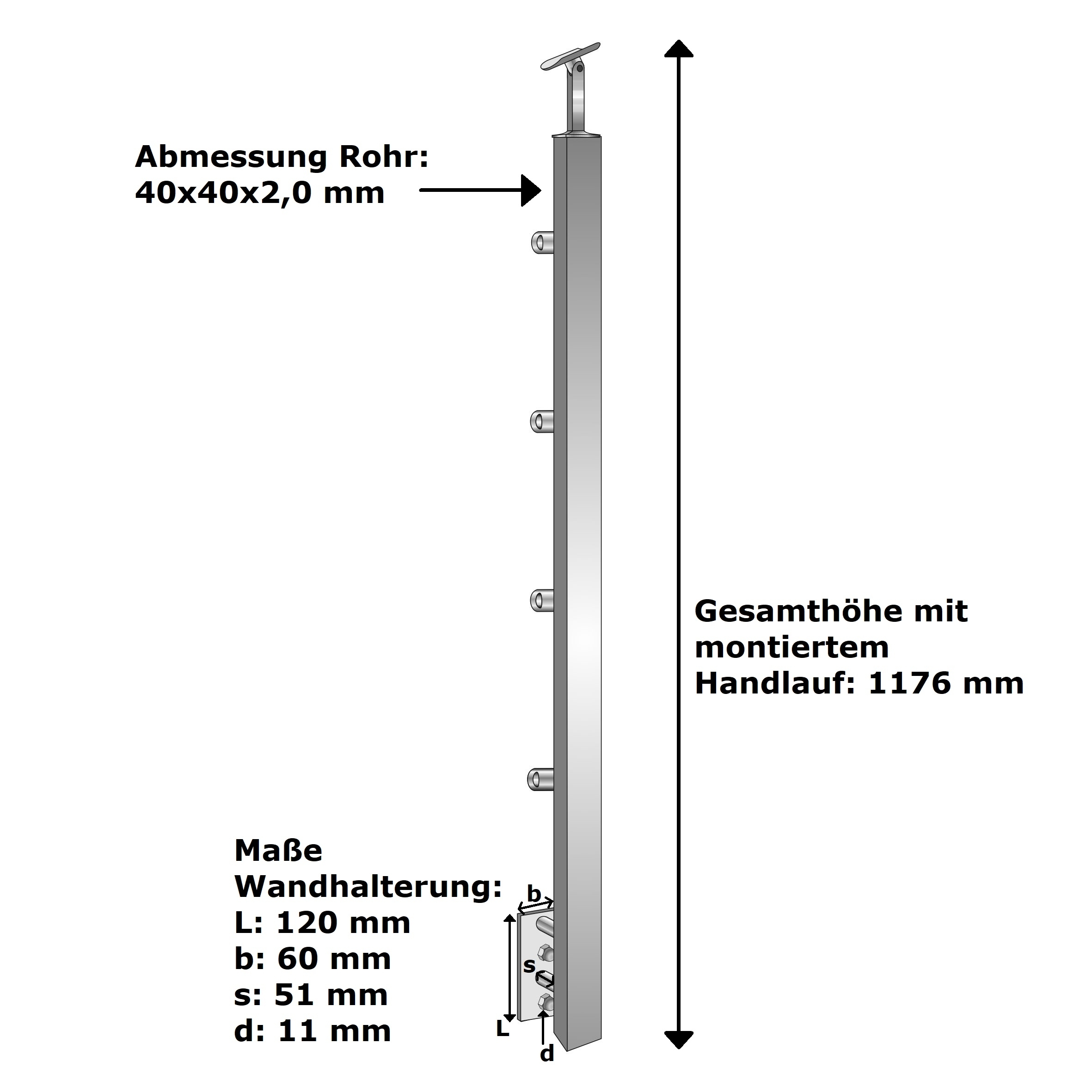 Gelaenderpfosten V2A 40x40x900 mm seitl- Verankerung- 4x Fuellstabhalter d12-14-0088ER-A.4
