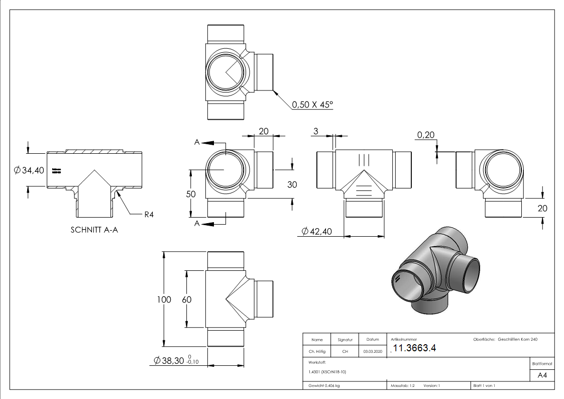 Kreuzstueck mit unterschiedlichen Abgaengen- fuer Rohr Ø 42-4x2-0 mm V2A-11-3663.4