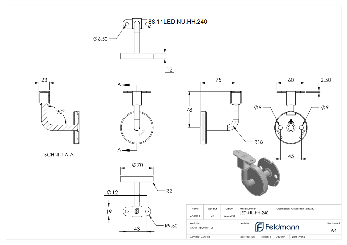 Handlaufhalter V2A Buegel Ø 12mm Nut 24x24mm fuer LED Nutrohr-88-11LED-NU-HH.240
