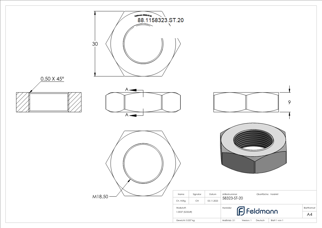 Sechskantmutter Stahl verzinkt M20 flache Form DIN 936-88-1158323-ST.20