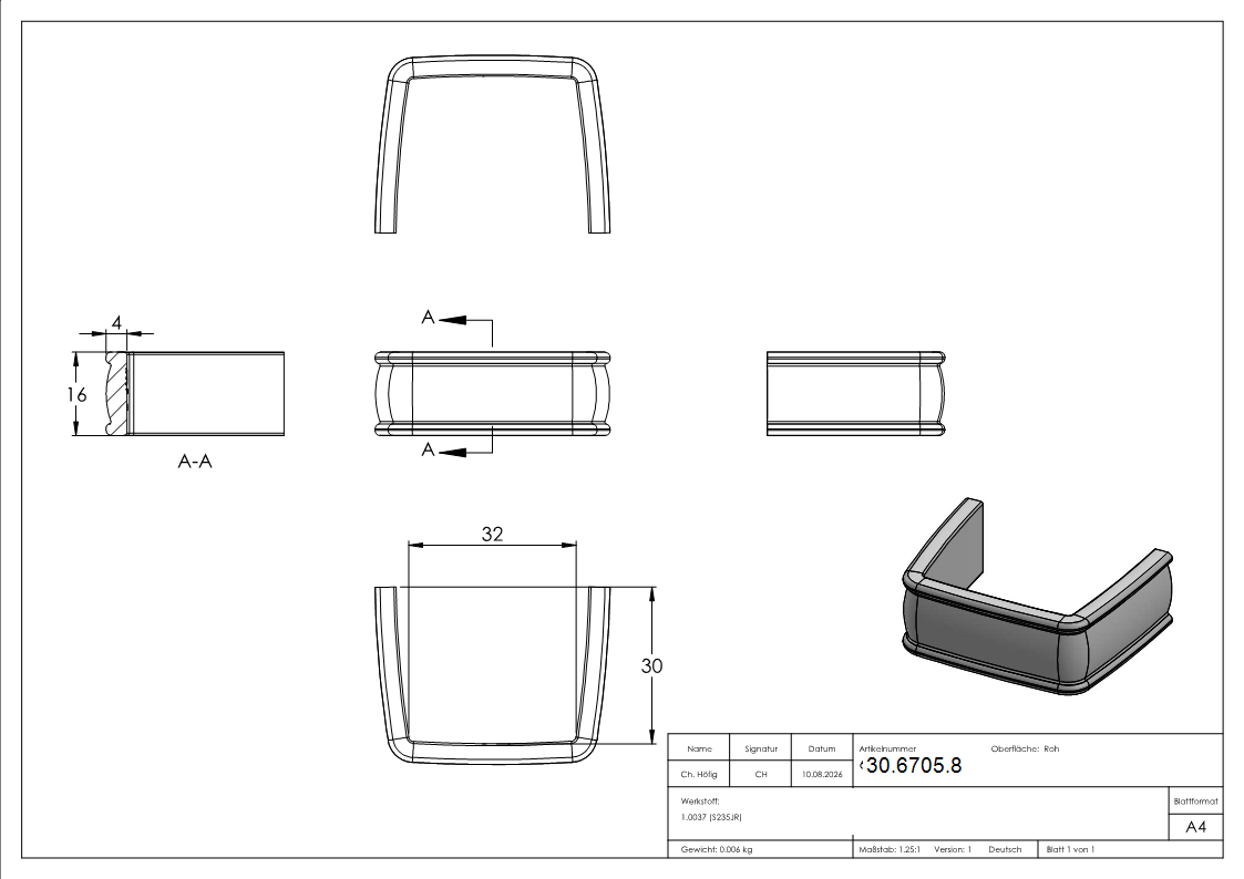 Bund - 1 Stueck - Material- 16x4 mm - Innenmass- 32x30 mm - Stahl -Roh- S235JR-30-6705.8