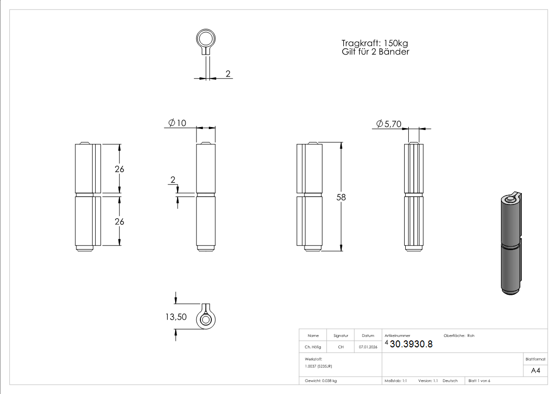 Anschweissband - 2-teilig - Tragkraft- 150kg - Stahl S235JR- roh-30-3930.8