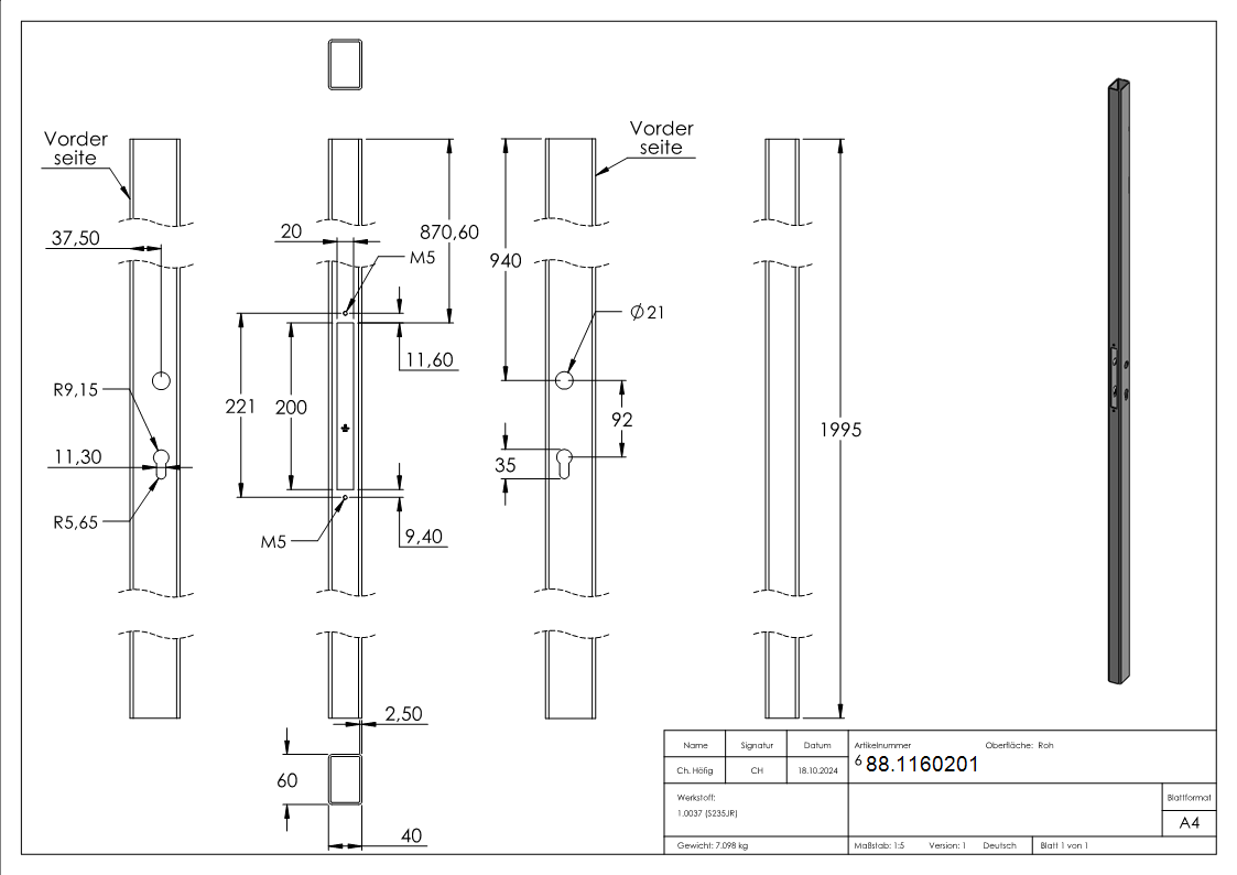 Schlossrohr 60x40 glatt 2000mm-88.1160201