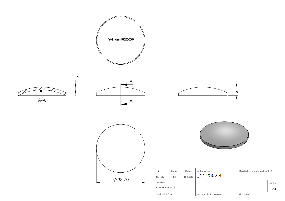 Kloepperboden Ø 33-7 mm leicht gewoelbt zum Aufschweissen  V2A - Hoehe 2-0 mm-11-2302.4