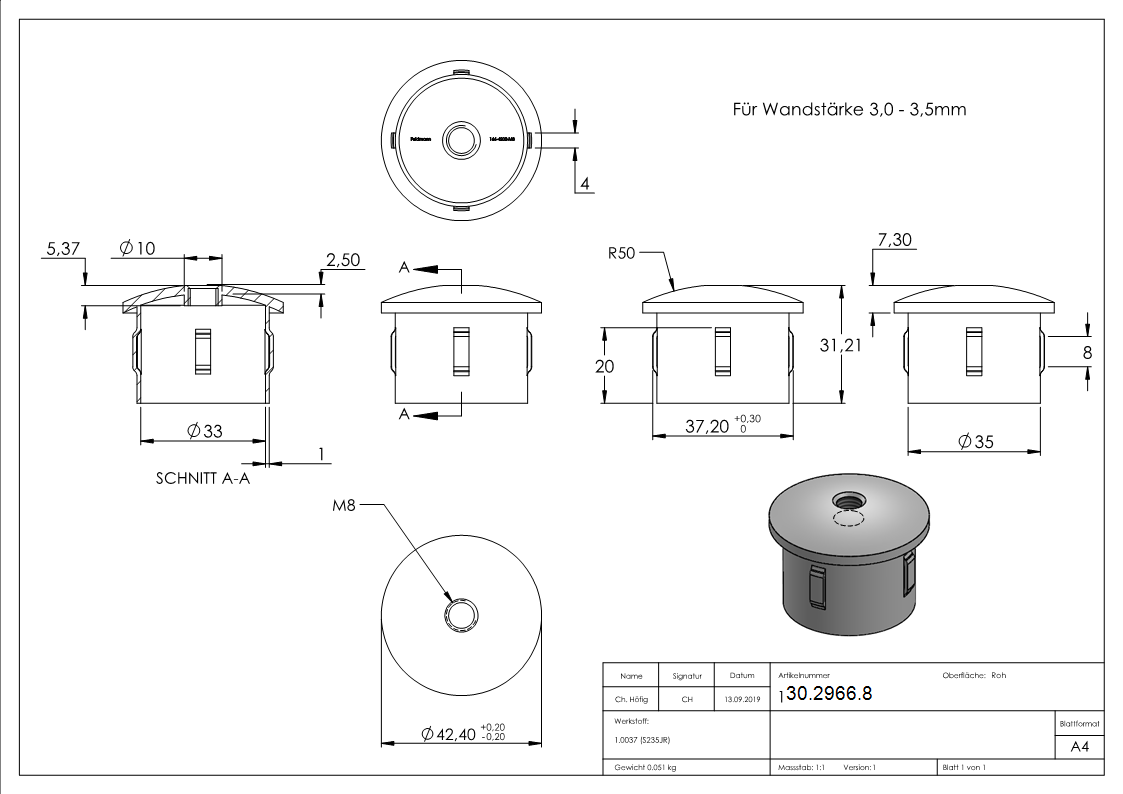 Stahlstopfen - mit M8 - leicht gewoelbt - fuer Rohr Ø 42-4 x 3-0-3-5 mm - Stahl -Roh- S235JR-30-2966.8