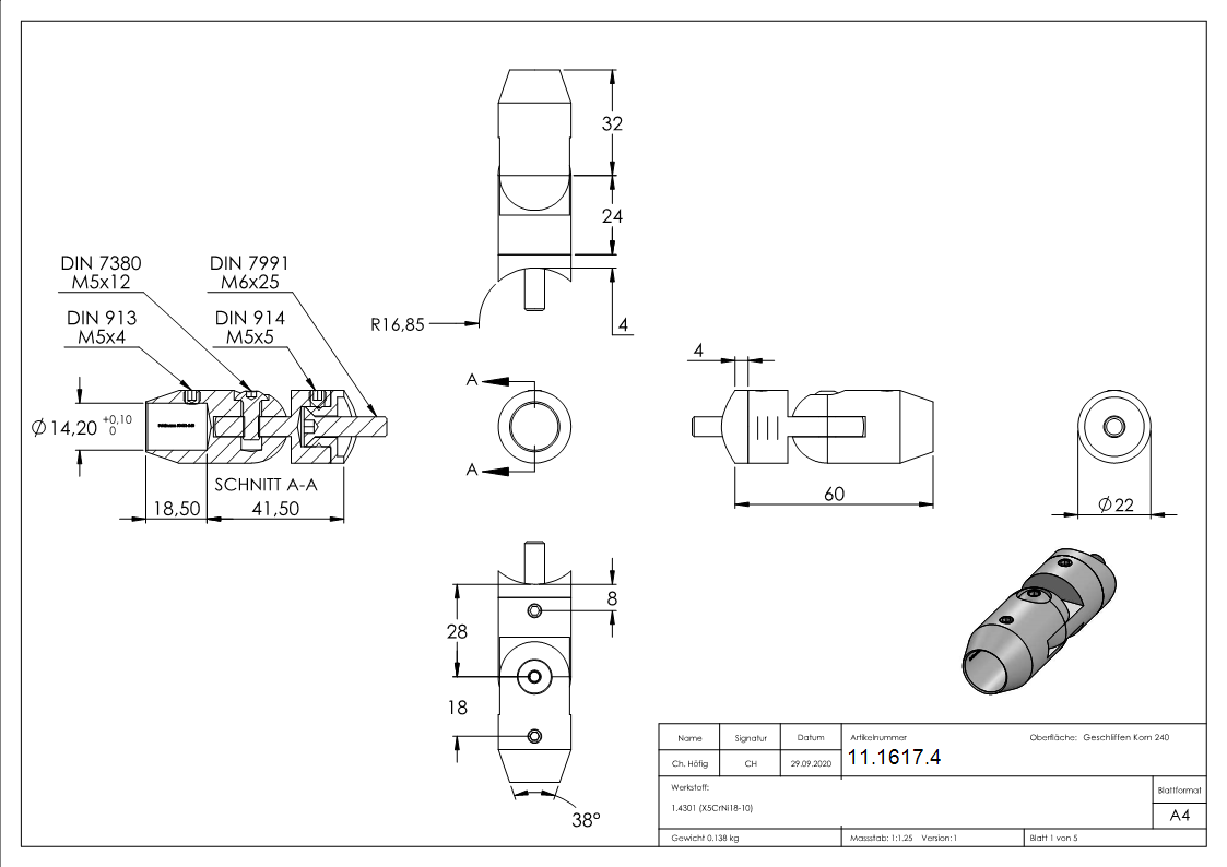 Querstabhalter V2A Edelstahl mit Gelenk – Anschluss 33-7 mm fuer Rundstaebe 14 mm inkl- Schrauben-11-1617.4