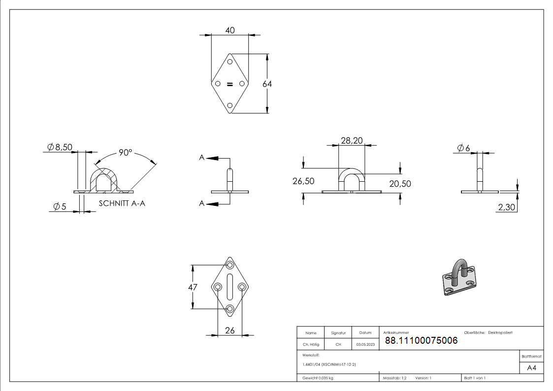 Befestigungsoese Edelstahl V4A Rundeisen Ø 6 mm quadratische Platte 4 Bohrungen-88.11100075006
