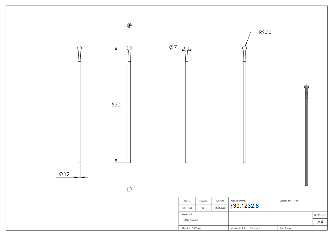 Zaunstab - Laenge- 520 mm - Material Ø 12 mm - Kugel Ø 19 mm - Stahl S235JR- roh-30-1232.8