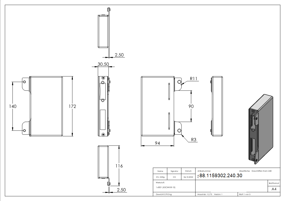 Gegenkasten zum Anschweissen- 30mm- V2A-88-1159302-240.30