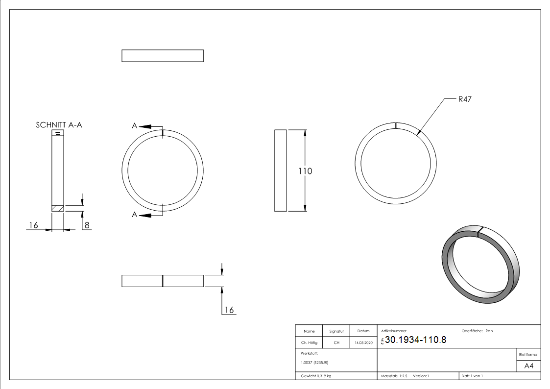 Ring - Material- 16x8 mm - Aussen-Ø 110 mm - Stahl S235JR- roh-30-1934-110.8