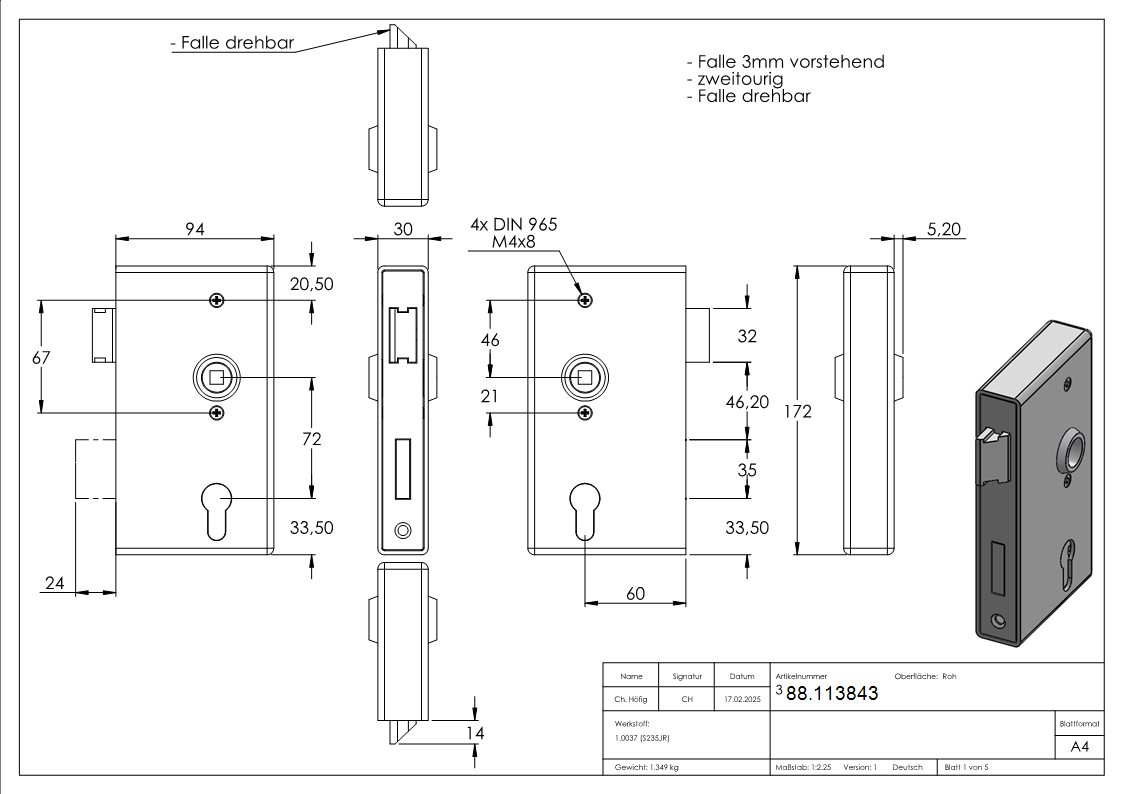 Kastenschloss Stahl verzinkt 30 x 94-5 x 172 mm-88.113843