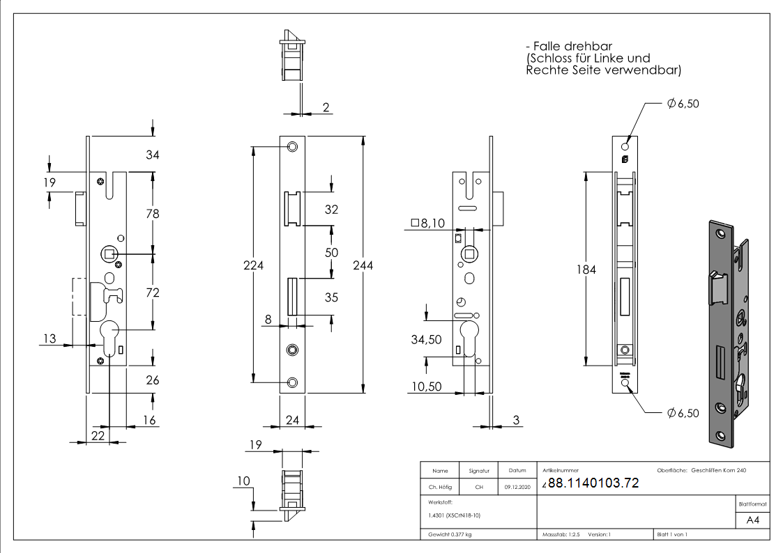 Rohrrahmenschloss verzinkt mit Dornmass 22mm-88-1140103.72