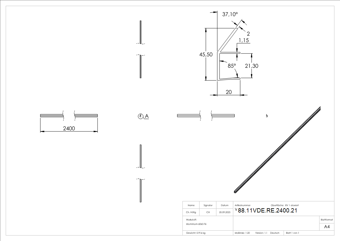 Regenrinne Aluminium eloxiert fuer Glas 21-52 mm L = 2400 mm Vordach-88-11VDE-RE-2400.21