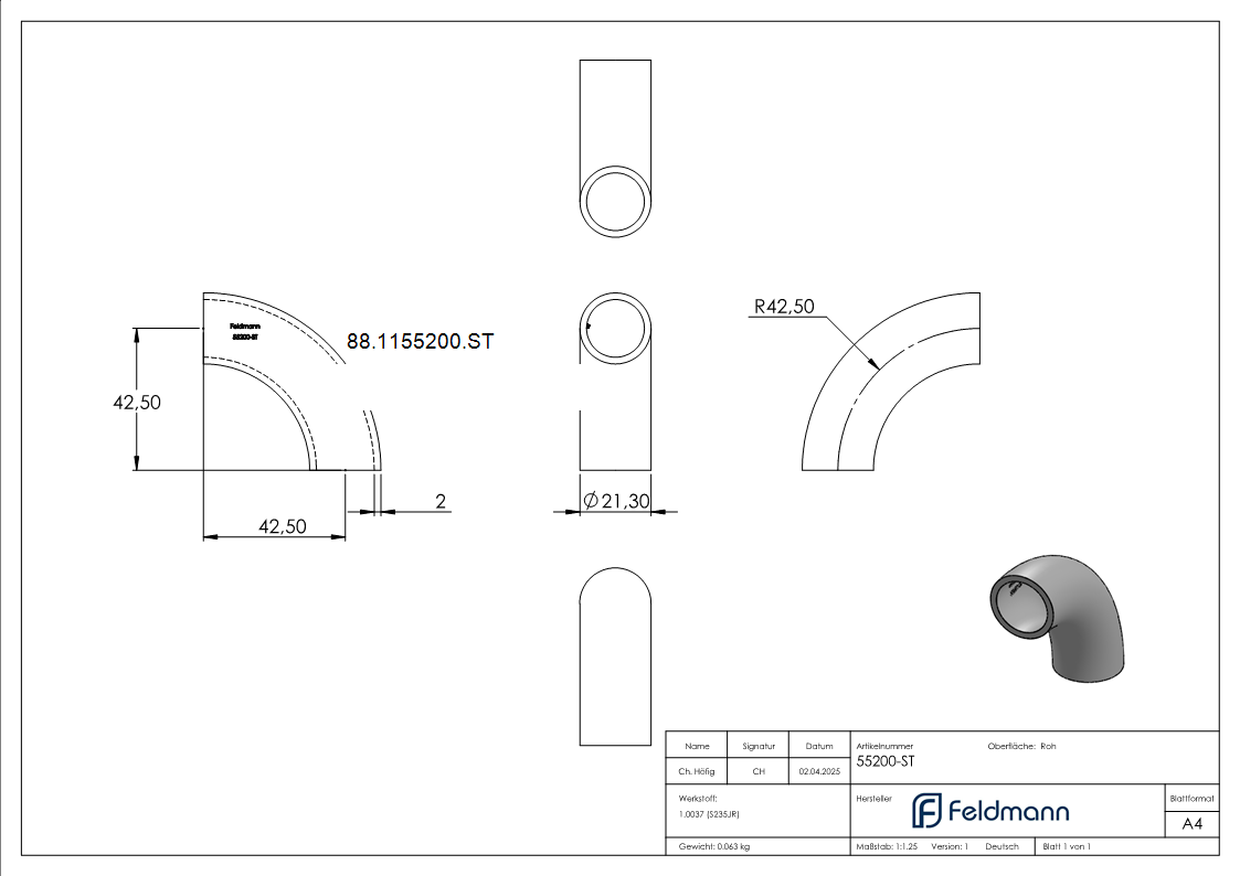 Rohrbogen 90° Stahl roh - 21-3 x 2-0 mm -½- - Bauart 5-88-1155200.ST