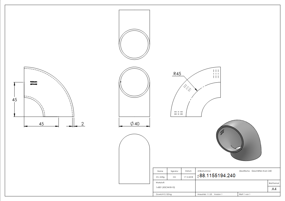 Schweissbogen 90°- 40-0 x 2-0mm- V2A- Bauart 3-88-1155194.240