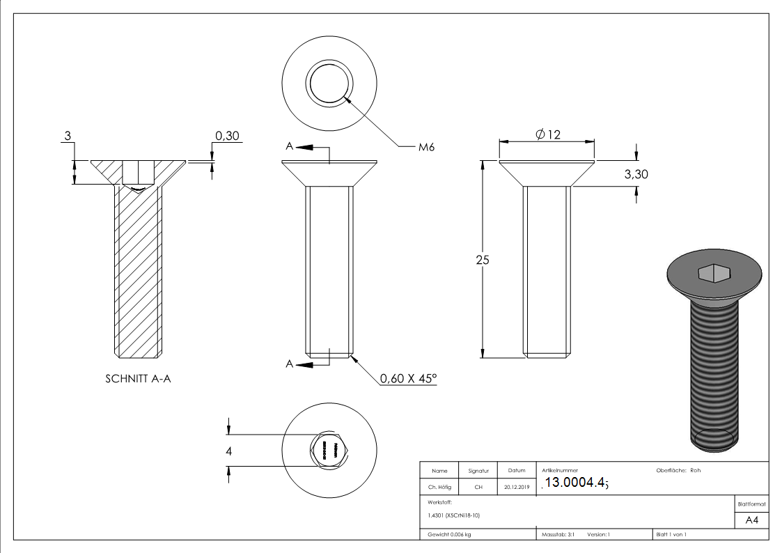 Senkkopfschraube M6x25 mm V2A-13-0004.4