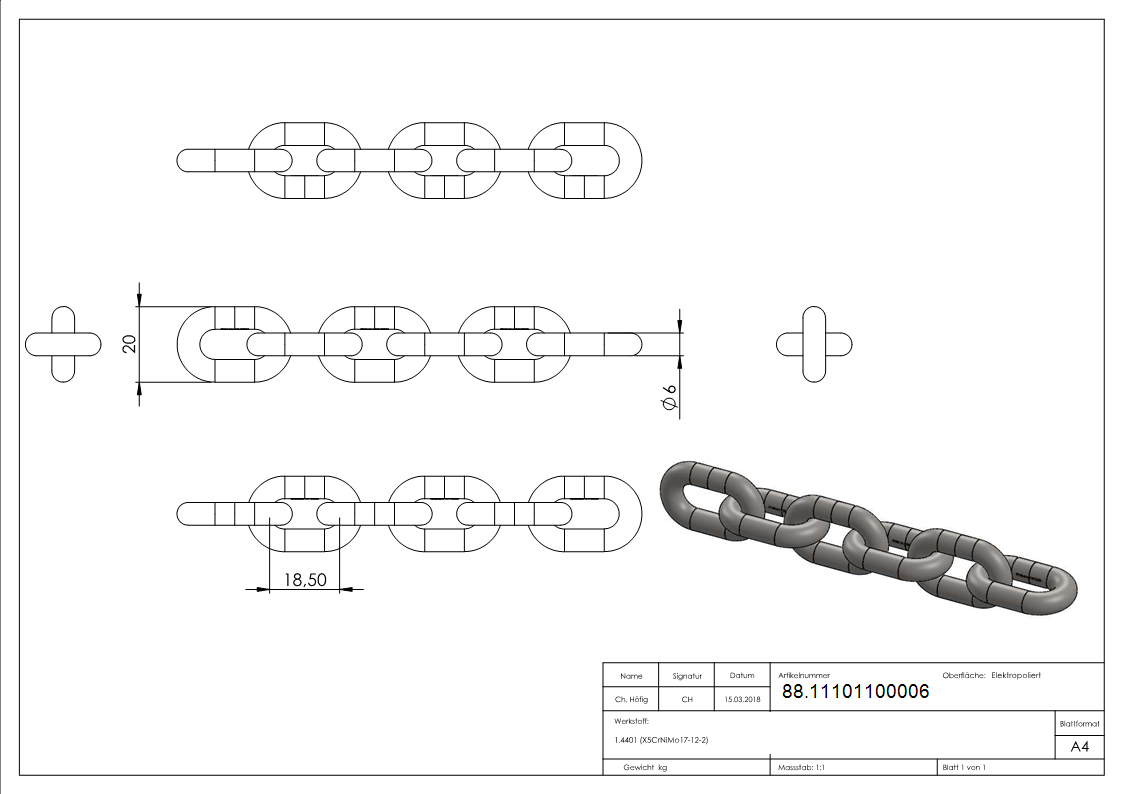 Kurzgliedrige Kette Edelstahl V4A Ø 6 mm DIN 766-88.11101100006