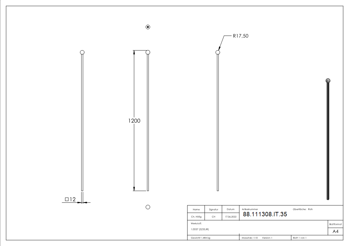 Kugelstab 12 x 12mm; Laenge 1200mm;  Kugel 35mm-88-111308-IT.35