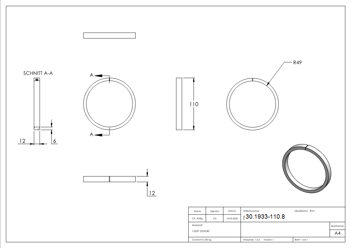 Ring - Material- 12x6 mm - Aussen-Ø 110 mm - Stahl S235JR- roh-30-1933-110.8