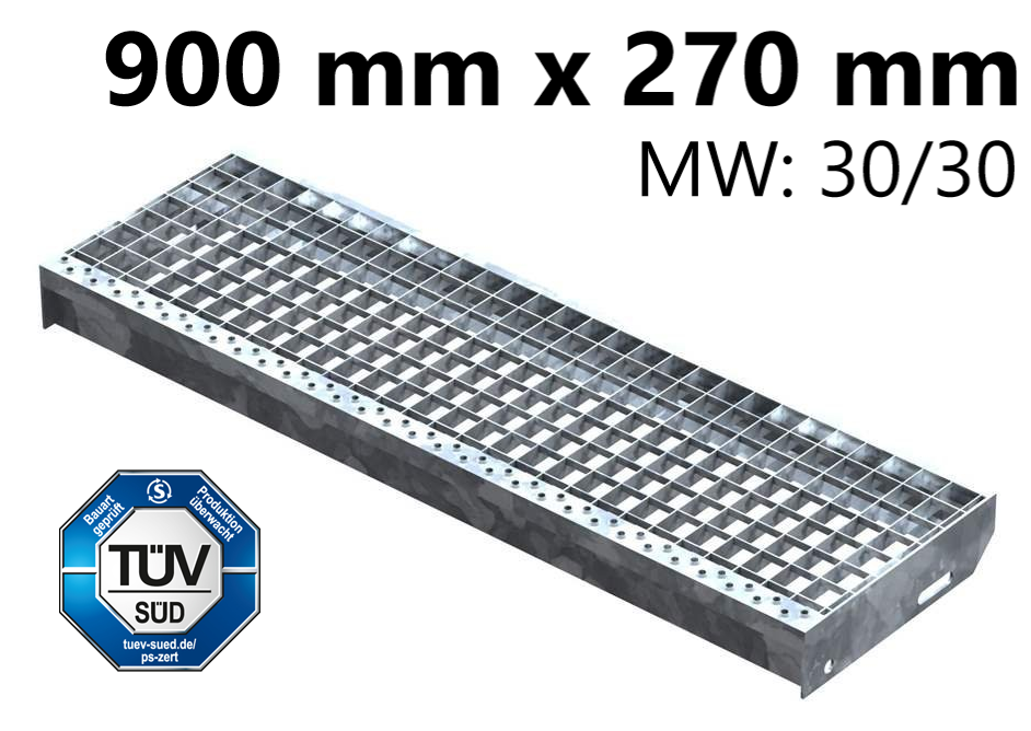 Gitterroststufe Treppenstufe Masse- 900x270 mm 30-30 mm S235JR -St37-2- im Vollbad feuerverzinkt-40-902730.7