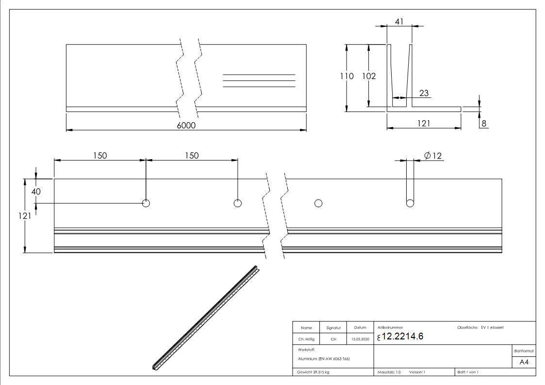 Alu-Profil - KOMPAKT - Laenge- 6000 mm - aufgesetzte Montage - Aluminium-12-2214.6