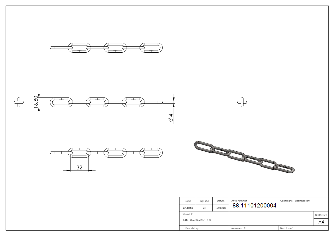 Langgliedrige Kette Edelstahl V4A Ø 4 mm DIN 763-88.11101200004
