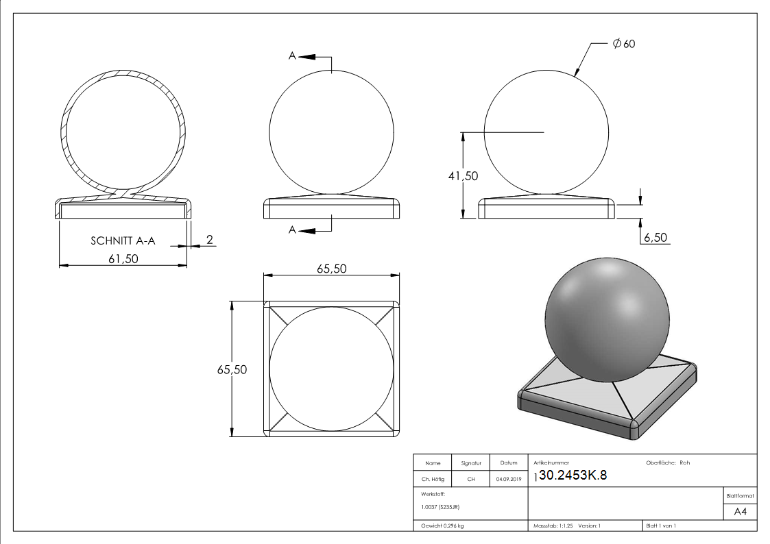 Pfeilerbedecker fuer Quadratrohr - 60x60 mm - mit Kugel Ø 60 mm - Stahl -Roh- S235JR-30-2453K.8