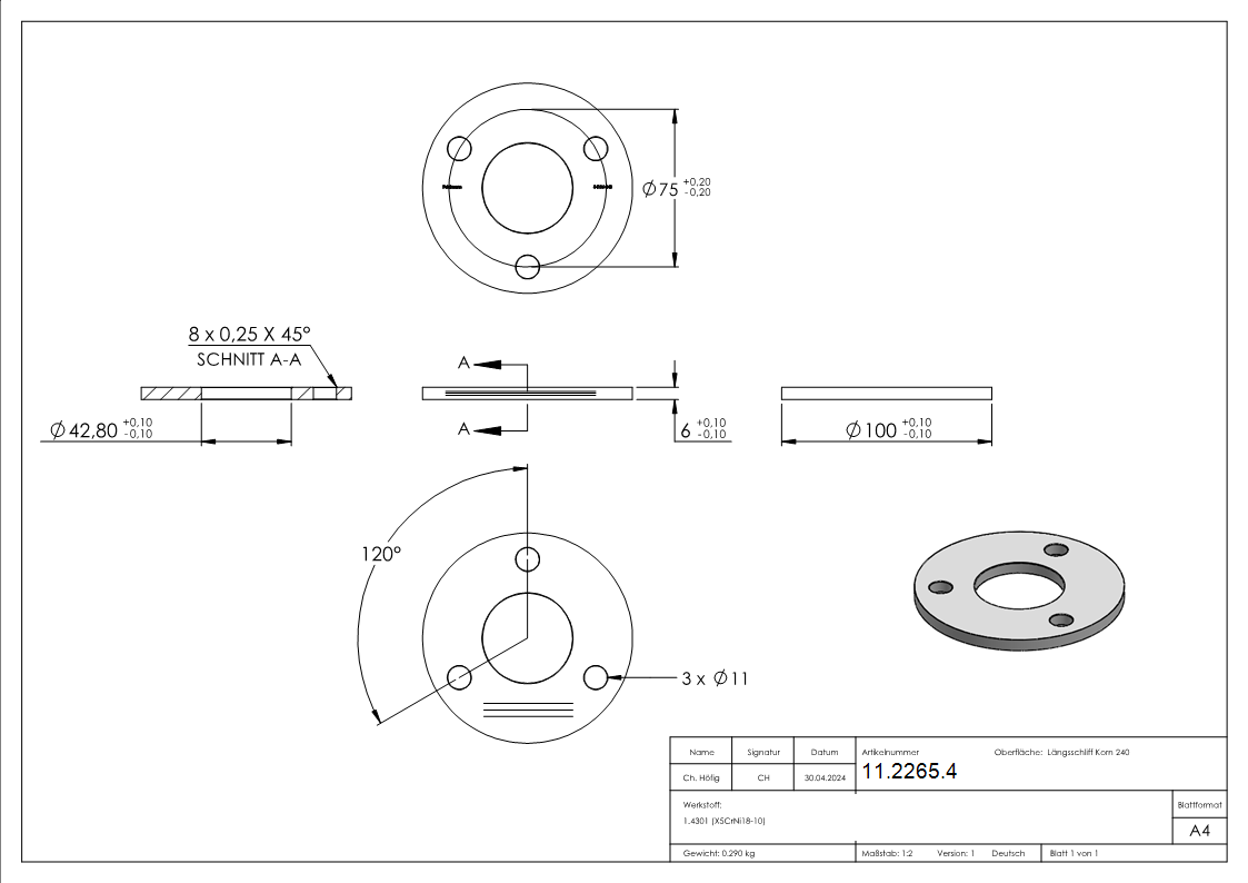 Ankerplatte Ø 100 x 6 mm mit Zentrierbohrung- Ø 42-8 mm V2A-11-2265.4
