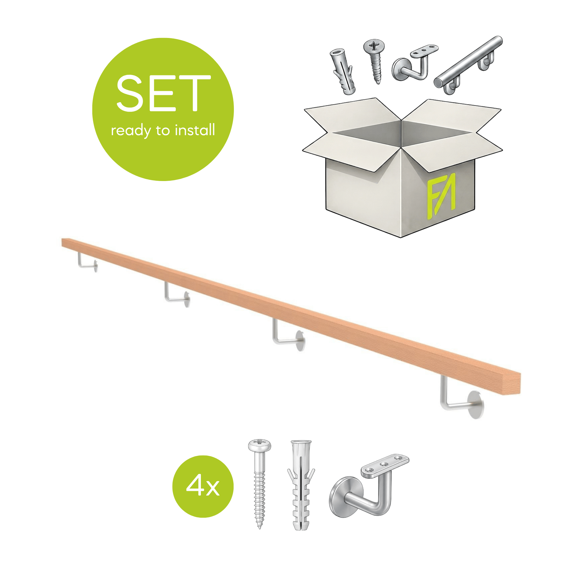 Handlauf Buche Edelstahl 40 x 40 mm 4000 mm roh mit Haltern- Duebel und Schrauben-89-11WBJPM4000-A.4-D