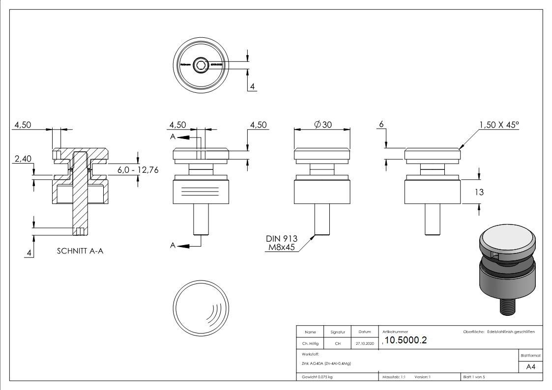 Glaspunkthalter Edelstahleffekt Ø 30 mm flach -Zink- – Glashalter innen-10-5000.2