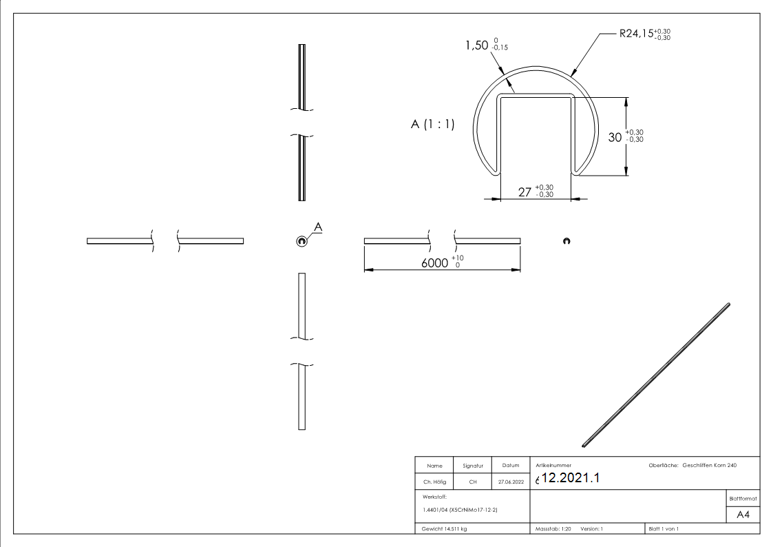 Nutrohr Masse- Ø 48-3x1-5 mm mit Nut- 27x30 mm Laenge- 6000 mm V4A Edelstahl-12-2021.1
