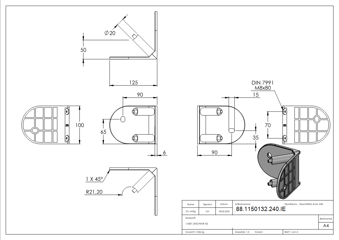 Wandbefestigung Edelstahl V2A fuer Rohr Ø 42-4 mm- Platte Ø 100 x 6 mm- 90° Innenecke-88-1150132-240.IE
