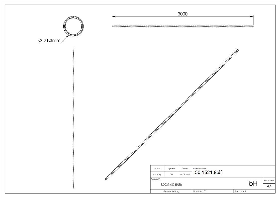 Rundrohr spindelfoermig geschmiedet  21-3x2-5 mm Laenge- 3000 mm Stahl -Roh-30-1521.8