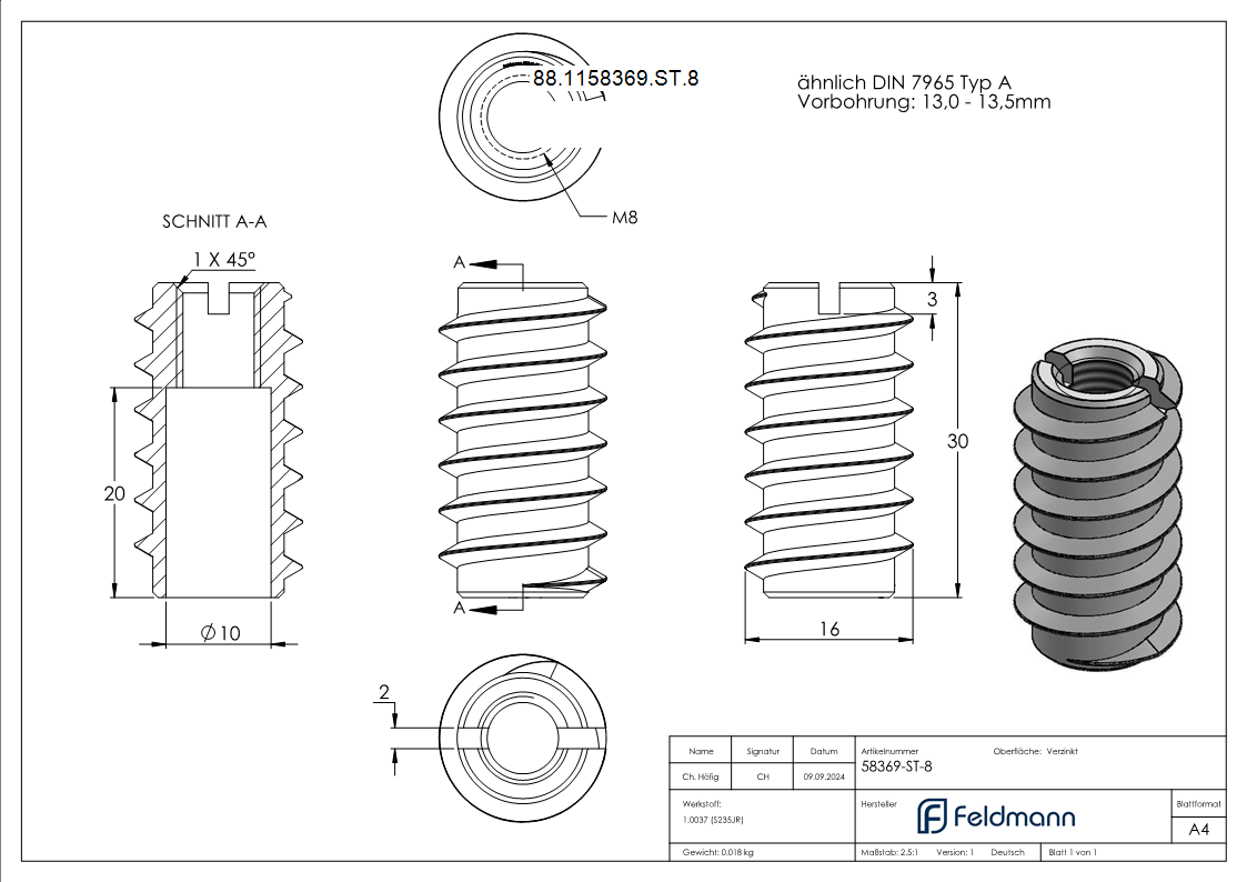 Rampa-Muffe Stahl verzinkt M8x30 Typ A Vorbohrung 13-0-13-5mm-88-1158369-ST.8