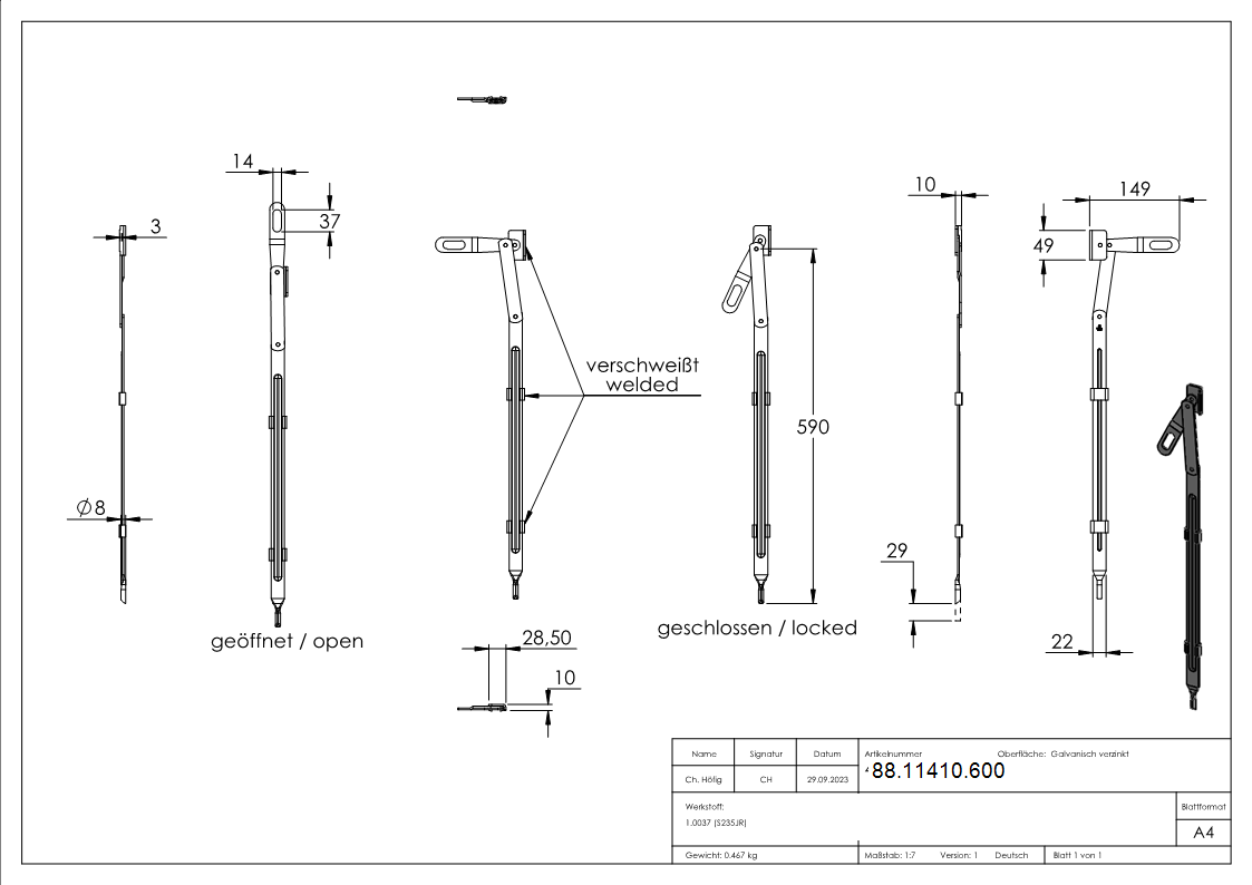 Torriegel Stahl galvanisch verzinkt L 600 mm zum Anschweissen-88-11410.600