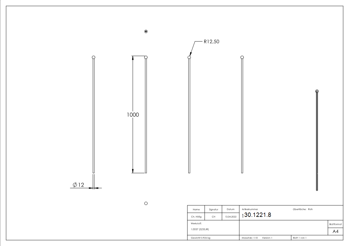 Zaunstab Stahl Ø 12 mm H 1000 mm Kugel Ø 25 mm angeschmiedet-30-1221.8