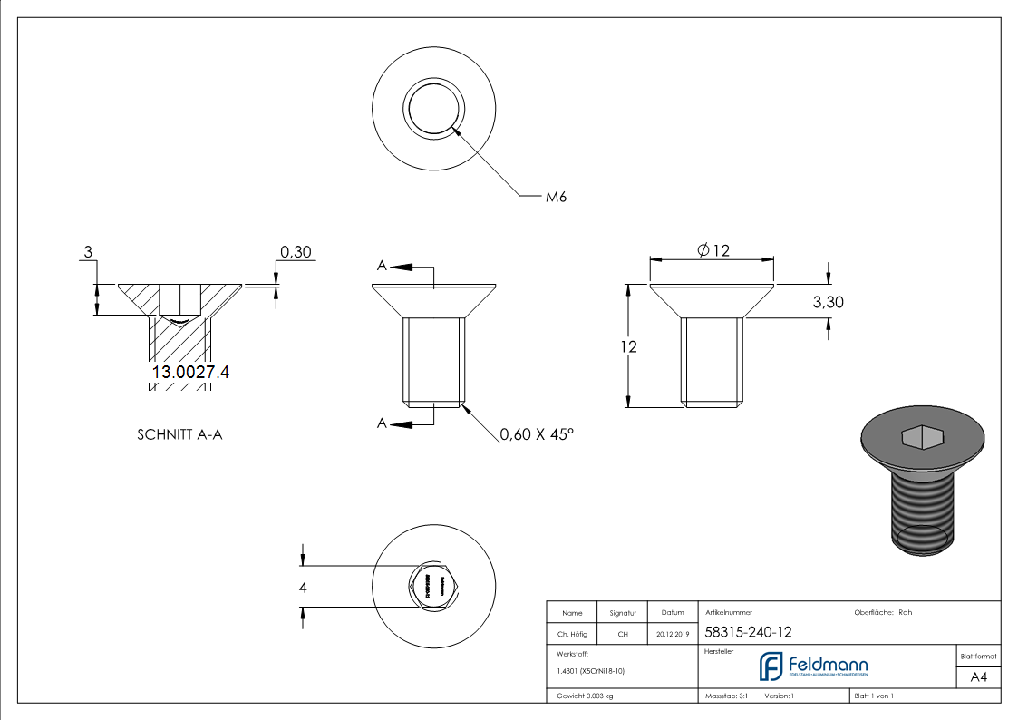 Senkkopfschraube M6x12 mm V2A-13-0027.4