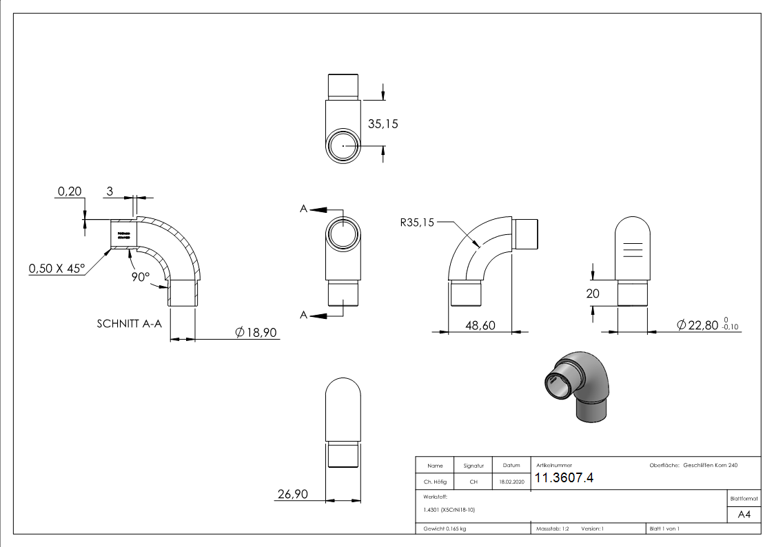 Rohrbogen 90° rund- fuer Rundrohr Ø 26-9x2-0 mm V2A-11-3607.4